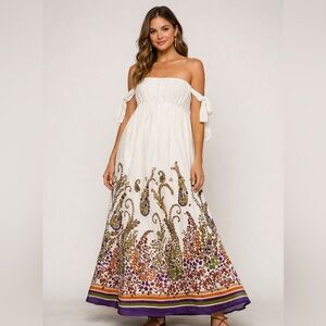 Moda International Strapless Cream Dress with Purple Floral Accents